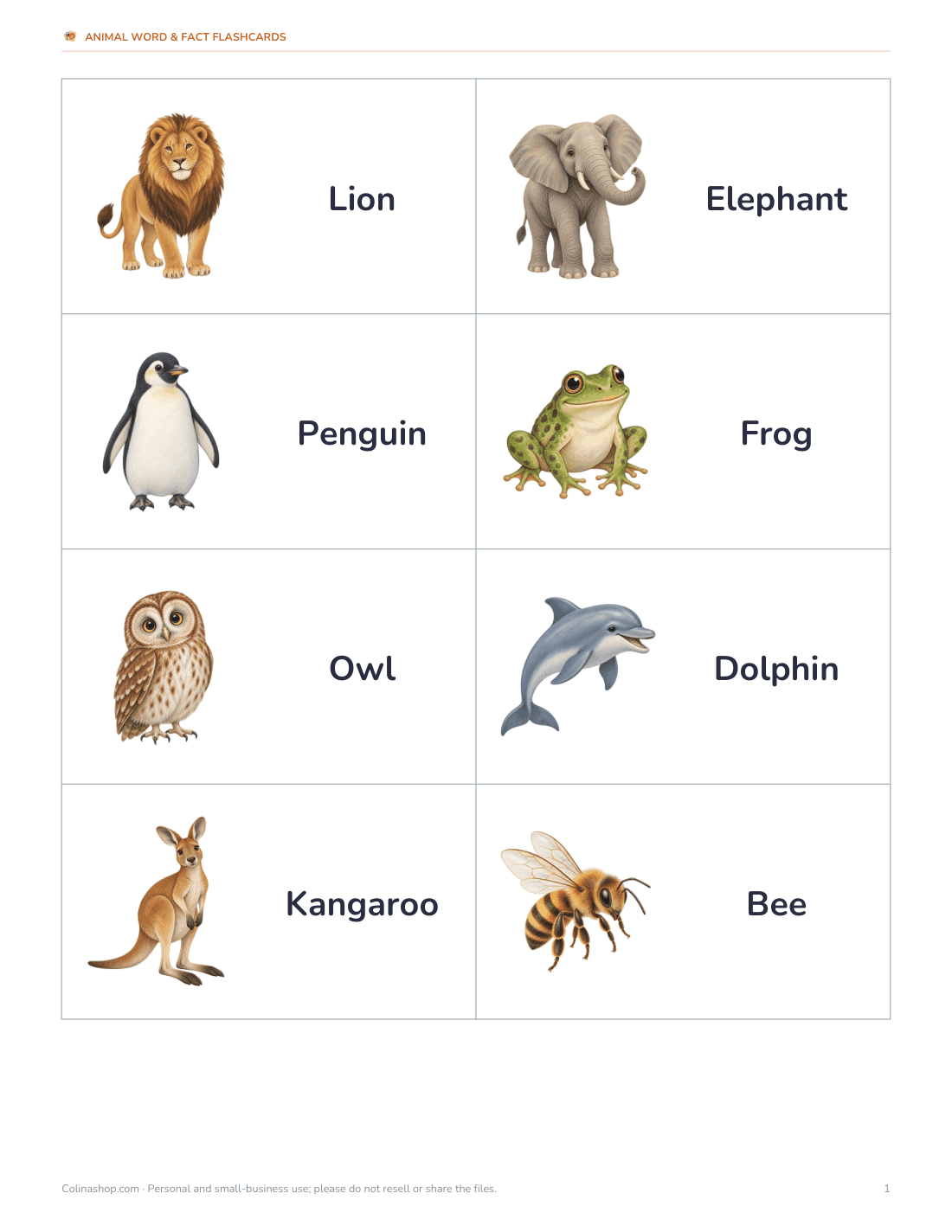 Preview of the first page of Animal name cards
